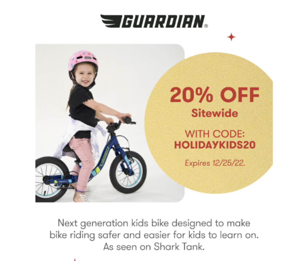 Gaurdian Bikes Holiday Discount Code of 20 percent off.  Discount code is HOLIDAYKIDS20 and Cute toddler riding a bike.