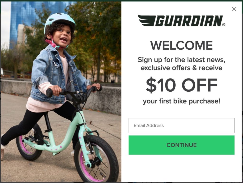 Guardian Bikes 10 dollars off email optin form image